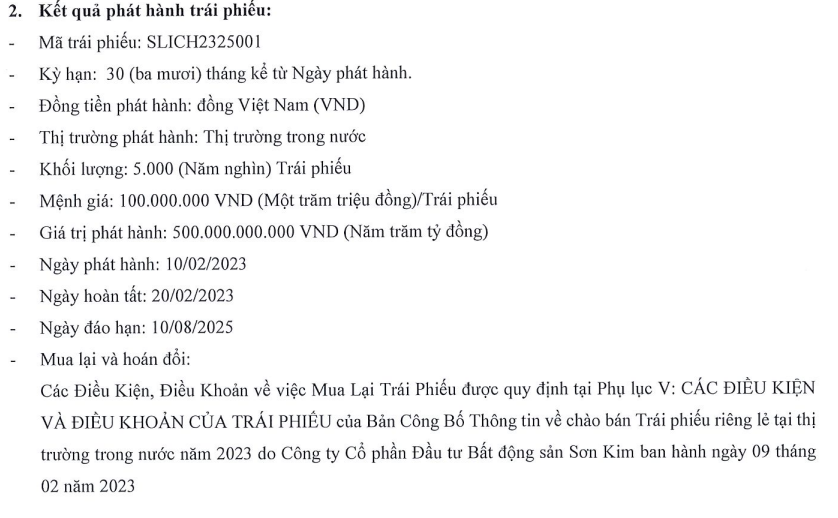 Kết quả phát hành trái phiếu SLICH2325001