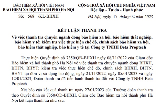 Giám đốc BHXH TP Hà Nội yêu cầu Beta Proptech chuyển ngay 240 triệu đồng tiền nợ BHXH