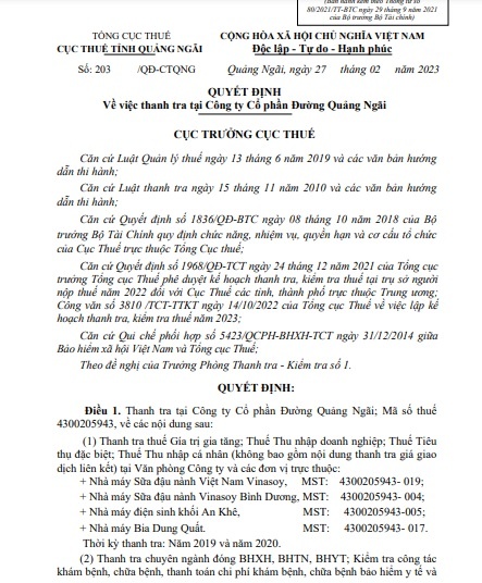 Thanh tra thuế và bảo hiểm của chủ thương hiệu Fami, Vinasoy