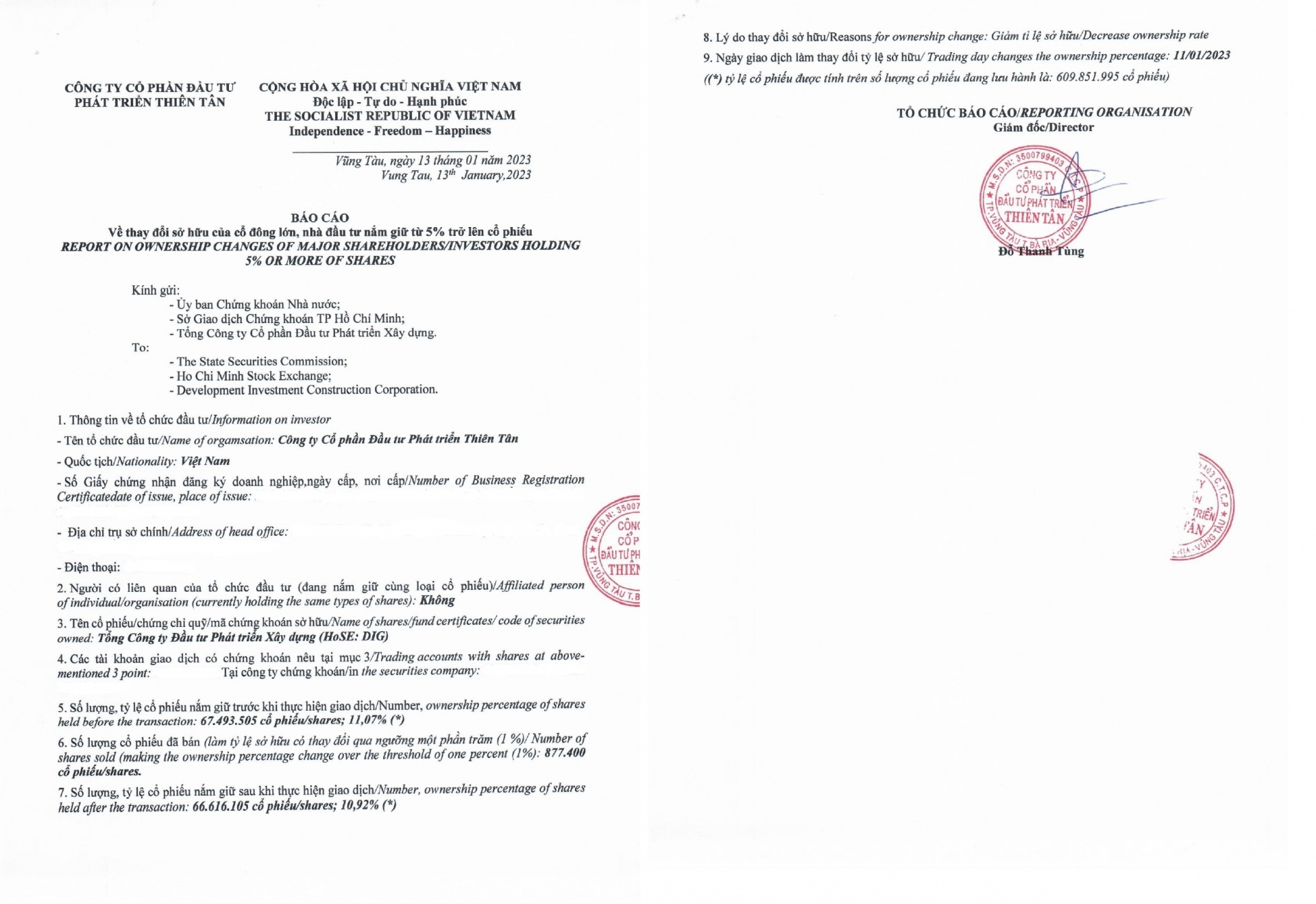 Thông báo của Thiên Tân về việc giảm sở hữu tại DIC Corp.
