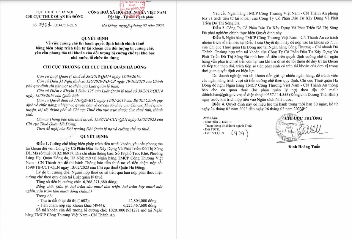 Thành viên của Tổng công ty Sông Đà bị cưỡng chế, phong tỏa tài khoản do chậm nộp thuế