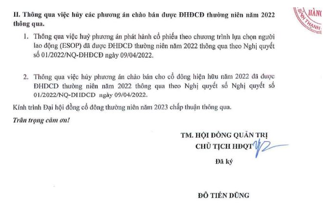 Đề xuất hủy phương án phát hành cổ phiếu và chào bán cho cổ đông hiện hữu