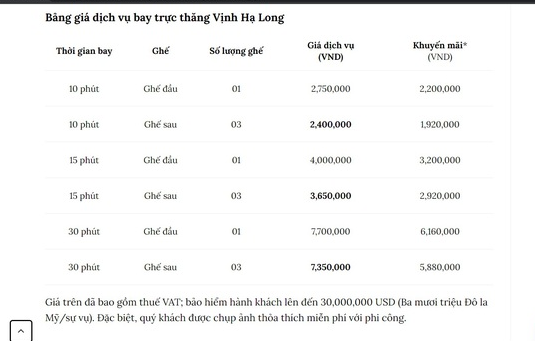 Du khách gặp sự cố khi bay trực thăng ở Hạ Long có thể được bảo hiểm 30 triệu USD