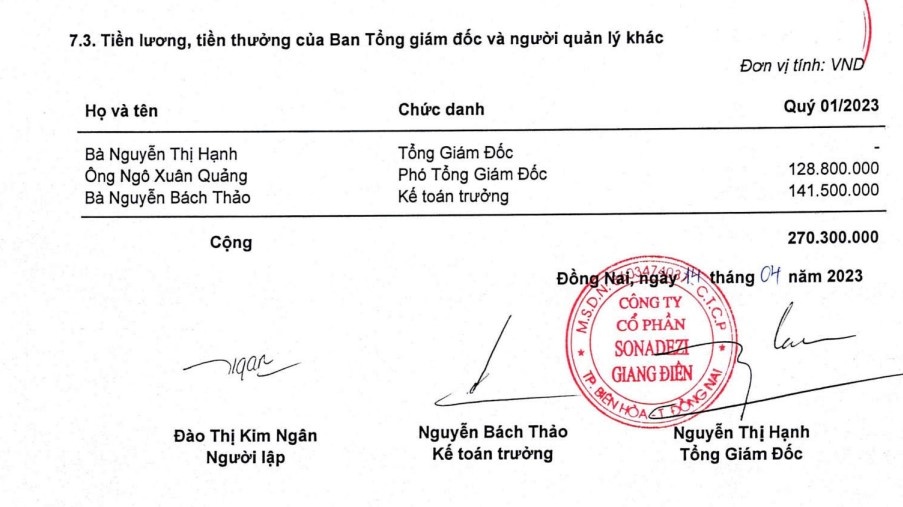 Sonadezi Giang Điền chi 444 triệu đồng trả thù lao, tiền lương, thưởng cho lãnh đạo