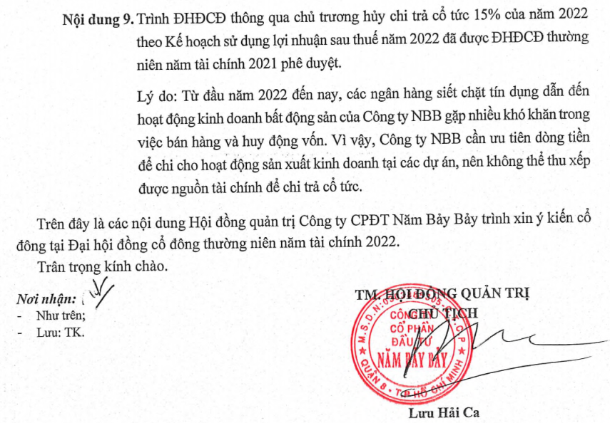 Năm Bảy Bảy trình ĐHĐCĐ thường niên 2023 về việc hủy trả cổ tức năm 2022