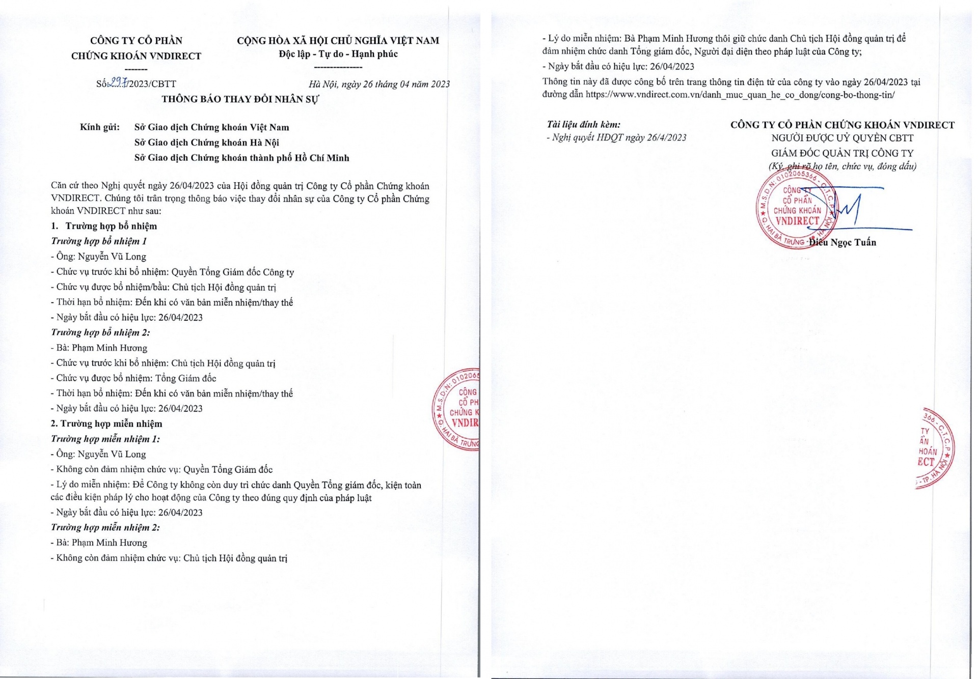 Quyết định miễn nhiệm chức danh chủ tịch HĐQT VNDirect đối với bà Phạm Minh Hương và bầu chủ tịch HĐQT mới.