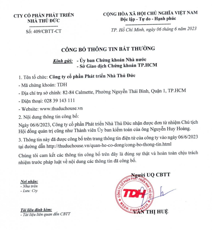 Chủ tịch HĐQT đương nhiệm của Thuduc House bất ngờ xin từ nhiệm