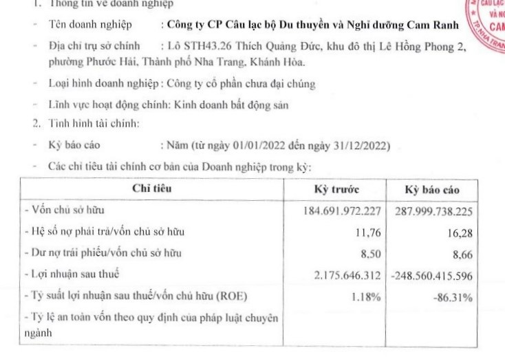 Thông tin tài chính của CTCP CLB Du thuyền và Nghỉ dưỡng Cam Ranh