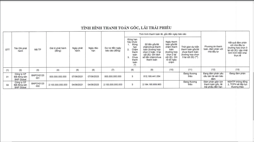 Thông tin về tình hình thanh toán lãi, gốc trái phiếu của BNP Global.