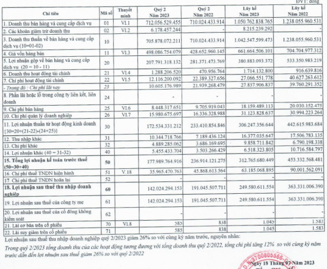 Báo cáo kết quả kinh doanh quý II/2023