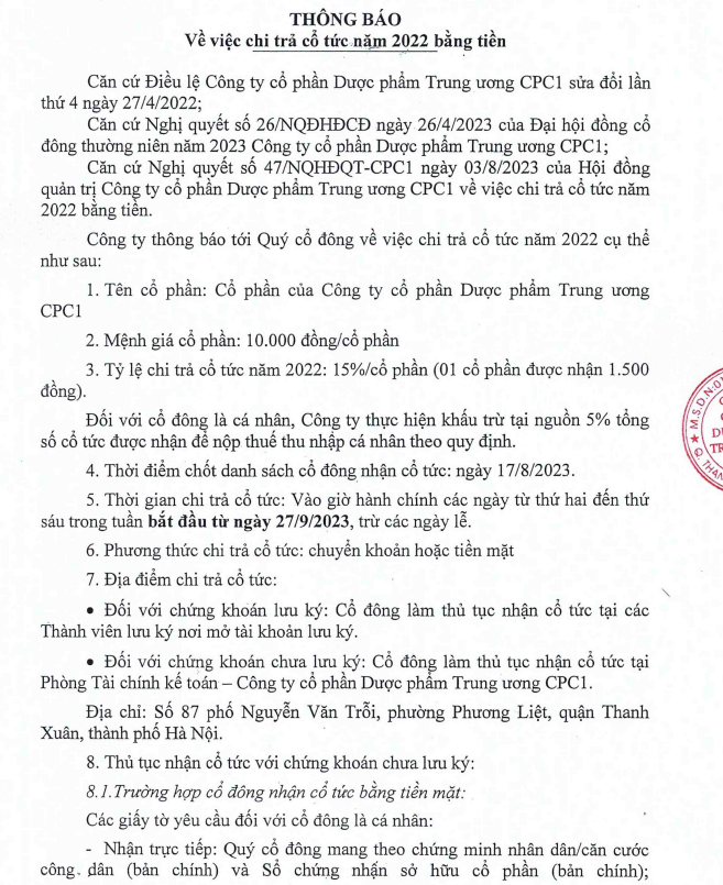 DP1 chốt quyền trả cổ tức 2023