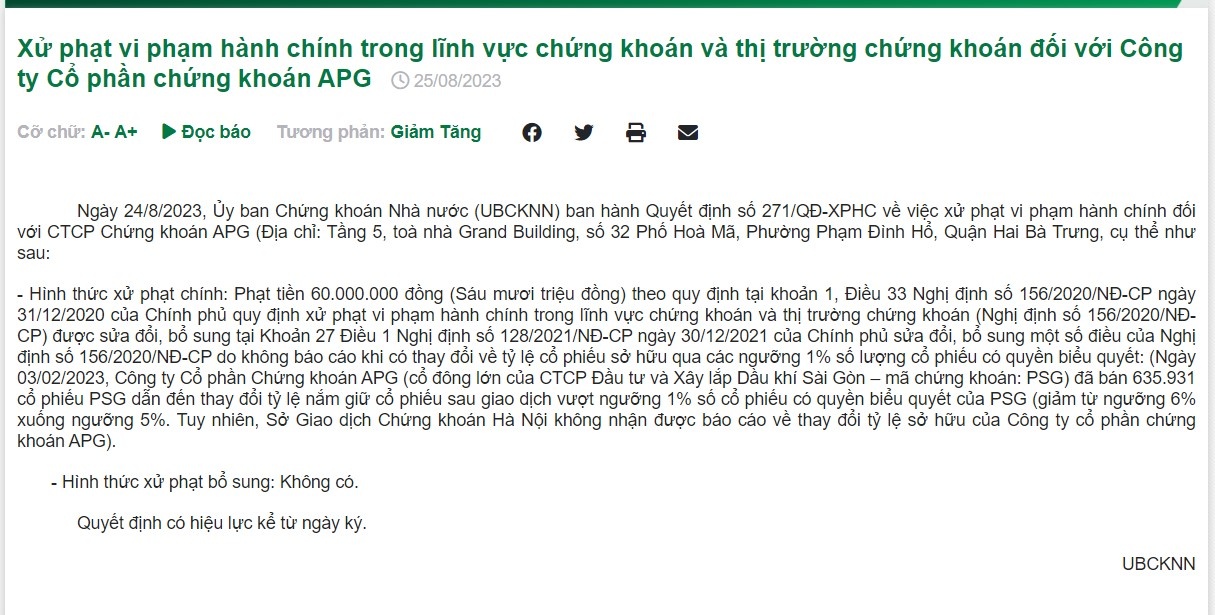 Chứng khoán APG bị phạt 60 triệu đồng vì vi phạm công bố thông tin