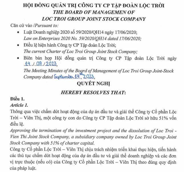 Tập đoàn Lộc Trời chấm dứt hoạt động công ty con