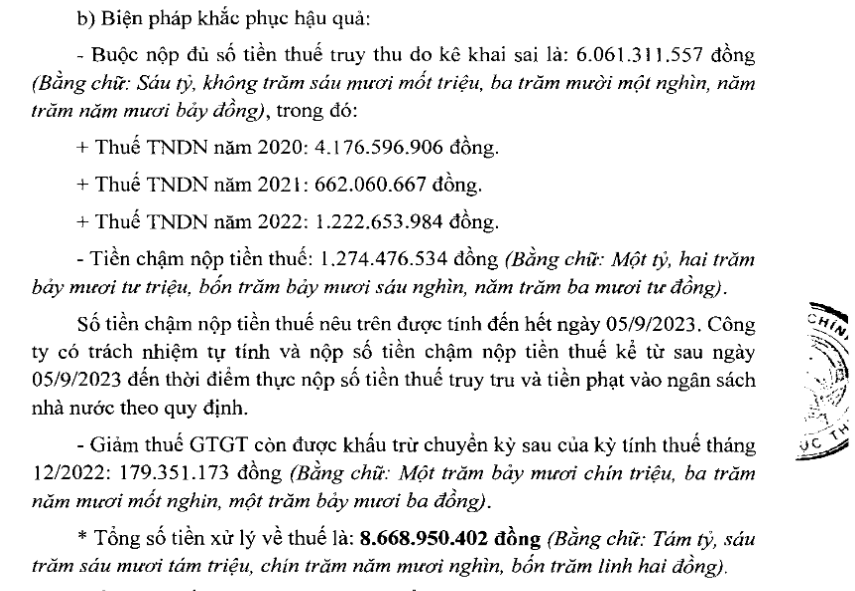 Quyết định xử phạt vi phạm hành chính về thuế với Nhựa Bình Minh