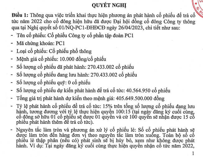 Tập đoàn PC1 dự kiến chi hơn 405 tỷ đồng trả cổ tức 2022