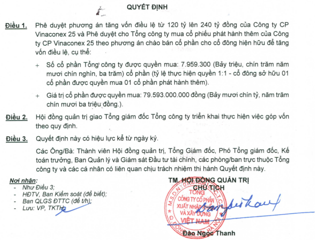 HĐQT Vinaconex quyết định tăng vốn điều lệ vào công ty con