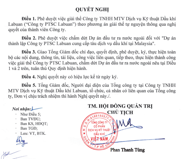 Nghị quyết giải thể Công ty TNHH MTV Dịch vụ Kỹ thuật Dầu khí Labuan