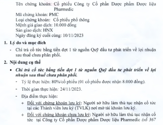 Dược phẩm Pharmedic chốt quyền chia cổ tức bằng tiền tỷ lệ 80%