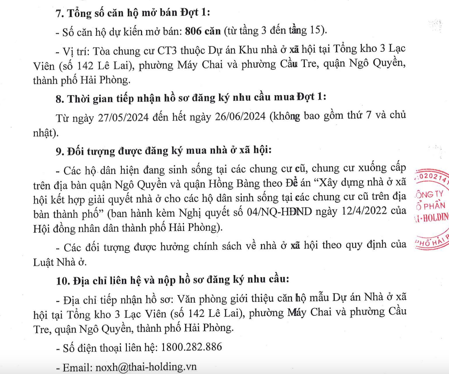 Biết gì về Thái - Holding đang thông báo tiếp nhận hồ sơ mua 806 căn nhà ở xã hội?