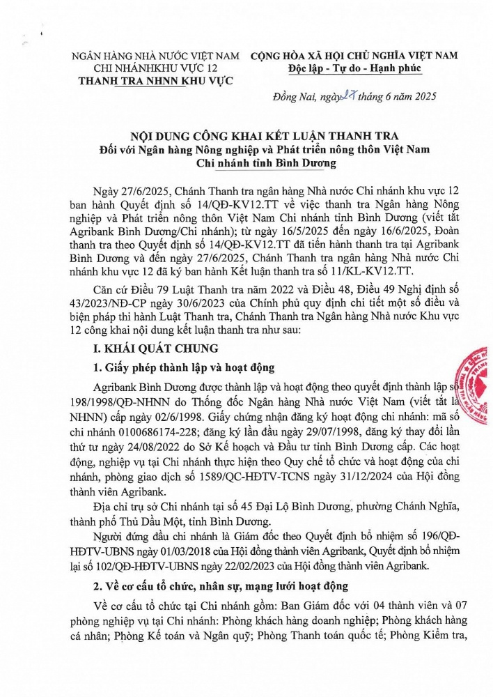 hành Kết luận thanh tra đối với Ngân hàng Nông nghiệp và Phát triển nông thôn Việt Nam Chi nhánh tỉnh Bình Dương (Agribank Bình Dương). 
