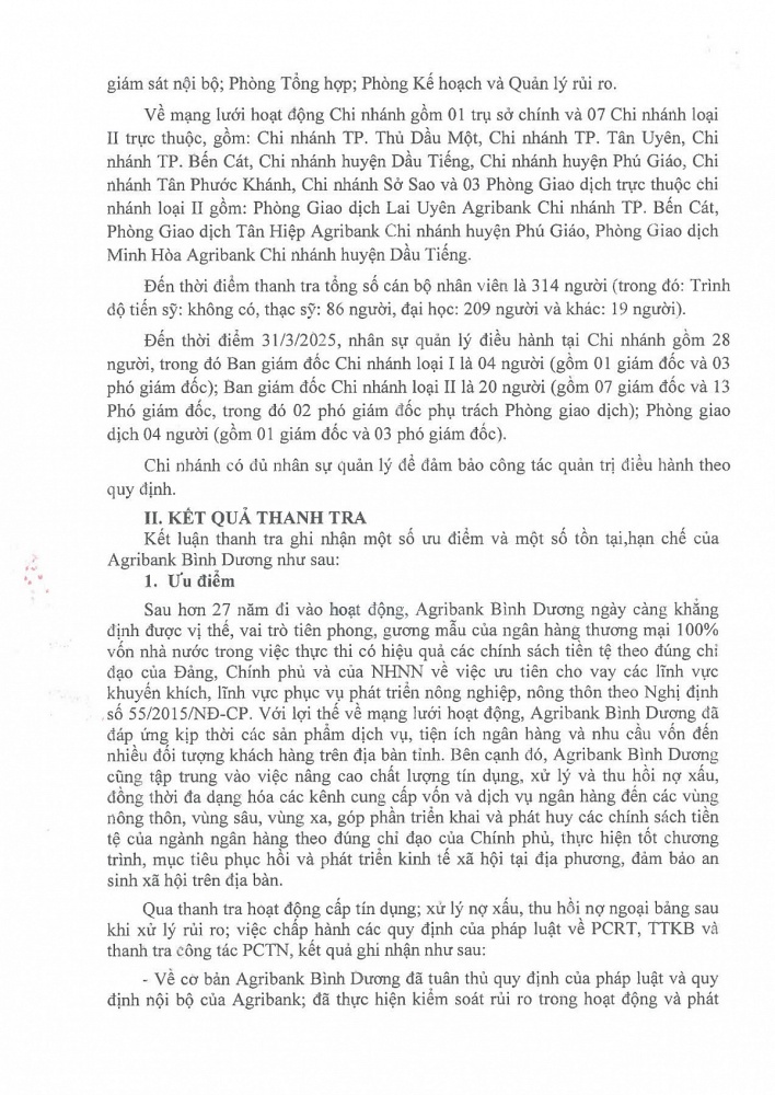 hành Kết luận thanh tra đối với Ngân hàng Nông nghiệp và Phát triển nông thôn Việt Nam Chi nhánh tỉnh Bình Dương (Agribank Bình Dương). 