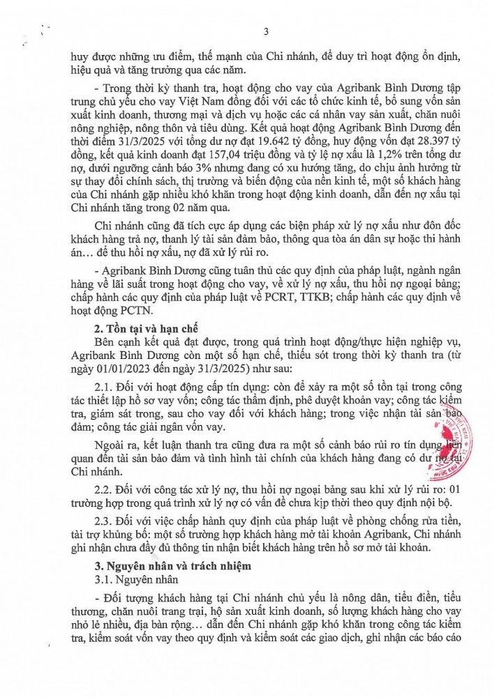 hành Kết luận thanh tra đối với Ngân hàng Nông nghiệp và Phát triển nông thôn Việt Nam Chi nhánh tỉnh Bình Dương (Agribank Bình Dương). 