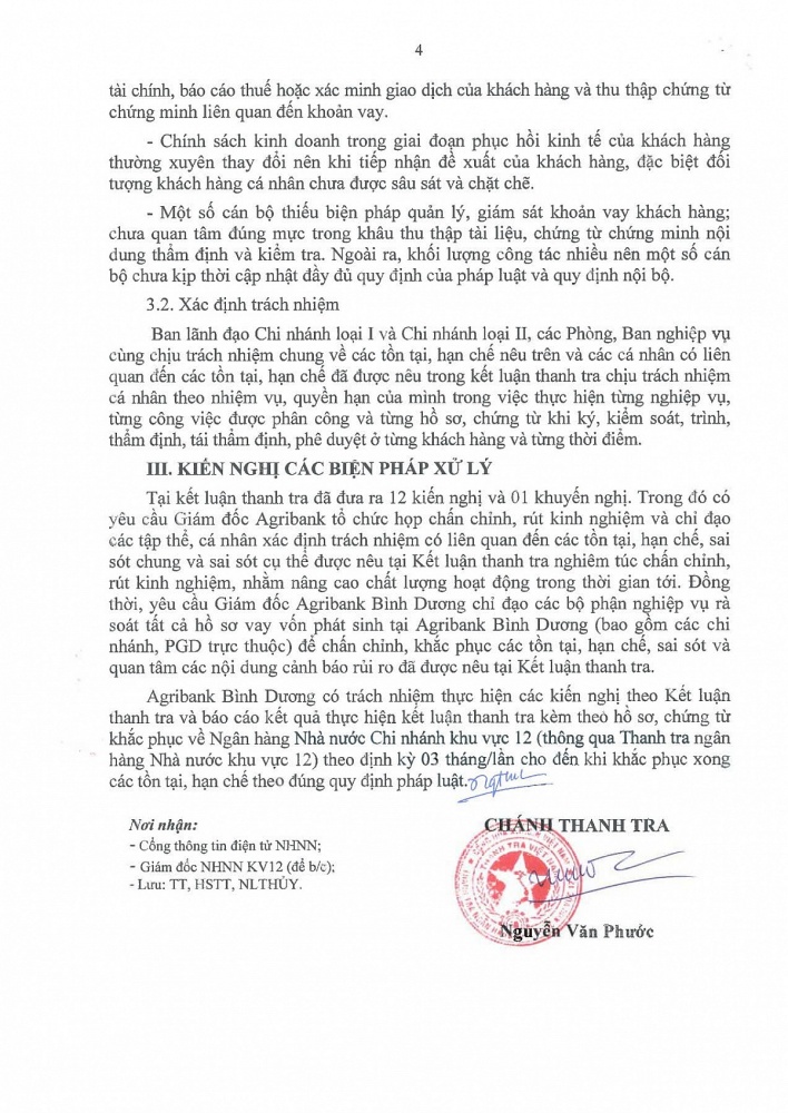 hành Kết luận thanh tra đối với Ngân hàng Nông nghiệp và Phát triển nông thôn Việt Nam Chi nhánh tỉnh Bình Dương (Agribank Bình Dương). 